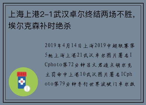 上海上港2-1武汉卓尔终结两场不胜，埃尔克森补时绝杀