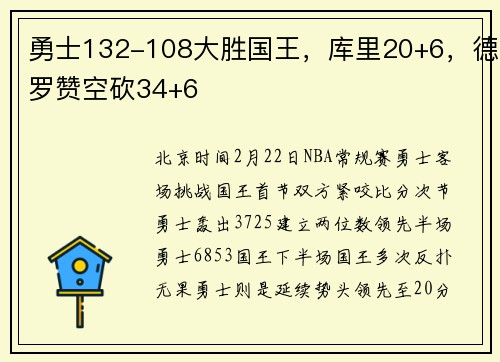 勇士132-108大胜国王，库里20+6，德罗赞空砍34+6